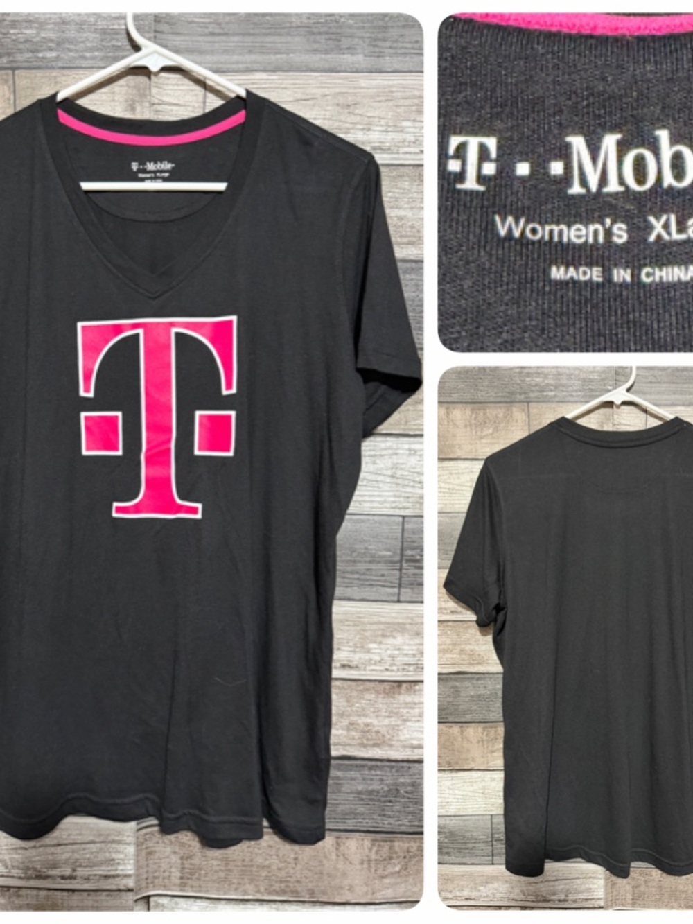 T-Mobile V-Neck T Shirt Women’s XL Black Pink Short Sleeve Polyester Rayon